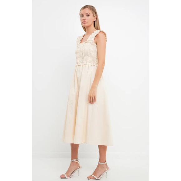⭐️ 3/$20 English Factory Cream Ruffle Smocked Midi Dress Medium Cottagecore - Picture 2 of 15
